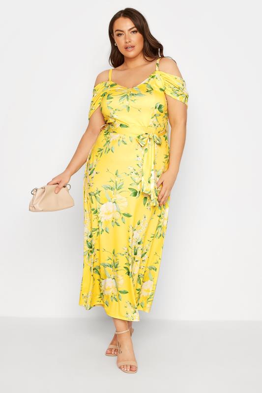 YOURS LONDON Plus Size Yellow Floral Cold Shoulder Maxi Dress | Yours Clothing 2