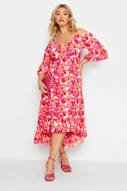 YOURS Plus Size Pink Floral Cold Shoulder Midaxi Dress | Yours Clothing 1