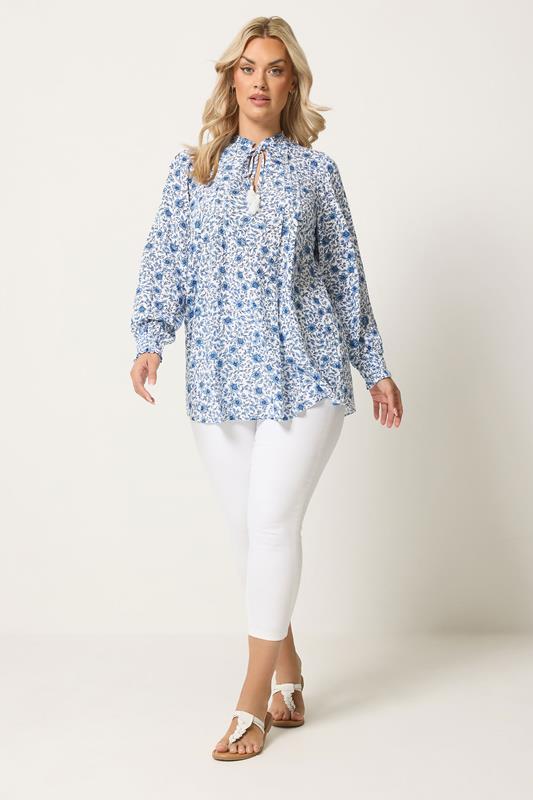 YOURS Plus Size Blue Floral Tie Neck Blouse | Yours Clothing 2
