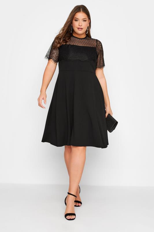 Curve Plus Size Black Lace Sleeve Skater Dress | Yours Clothing 2