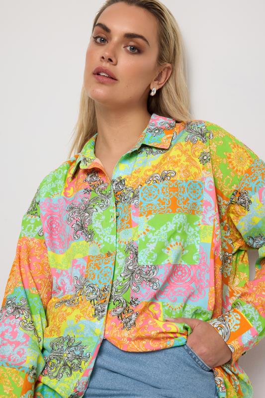 YOURS Plus Size Green & Orange Scarf Print Boyfriend Shirt | Yours Clothing 1