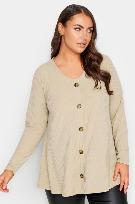 LIMITED COLLECTION Plus Size Stone Brown Ribbed Button Front Top | Yours Clothing 1