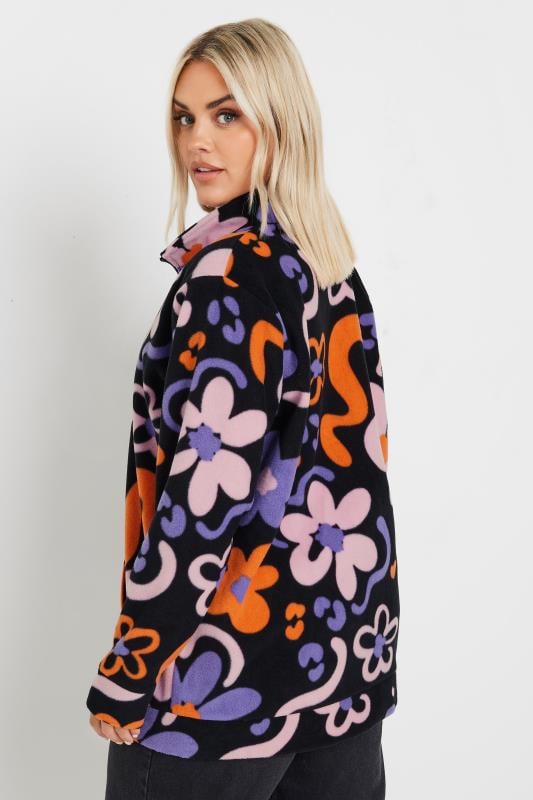 YOURS Plus Size Black Floral Print Zip Fleece Jacket | Yours Clothing 4