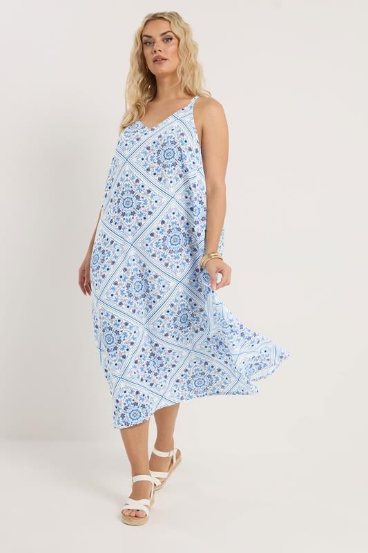 YOURS Plus Size Blue Tile Print Throw On Maxi Dress | Yours Clothing 2