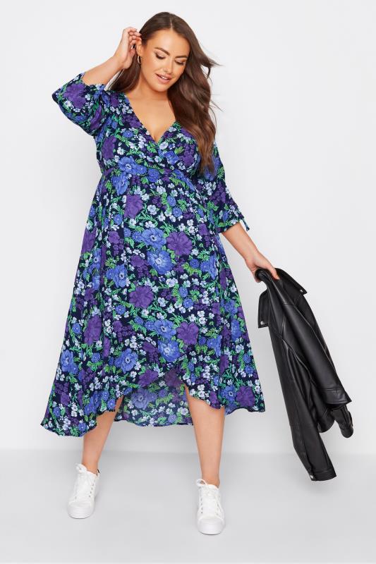 LIMITED COLLECTION Curve Blue Floral Ruched Sleeve Wrap Dress 2