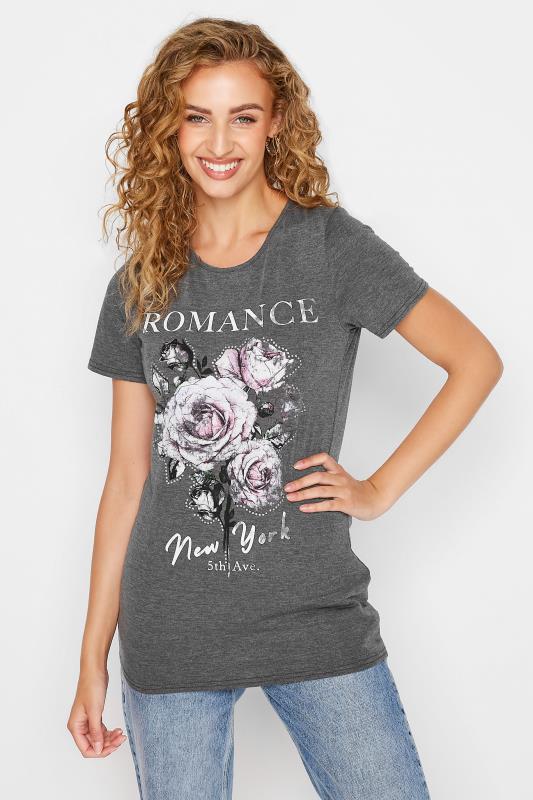 LTS Tall Women's Grey Rose 'Romance' Slogan T-Shirt | Long Tall Sally 1