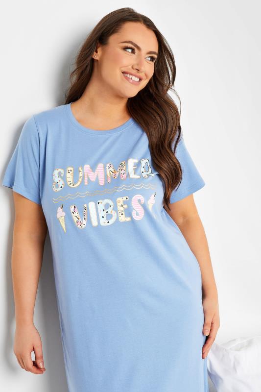 YOURS Plus Size Blue 'Summer Vibes' Placket Midaxi Nightdress | Yours Clothing 3