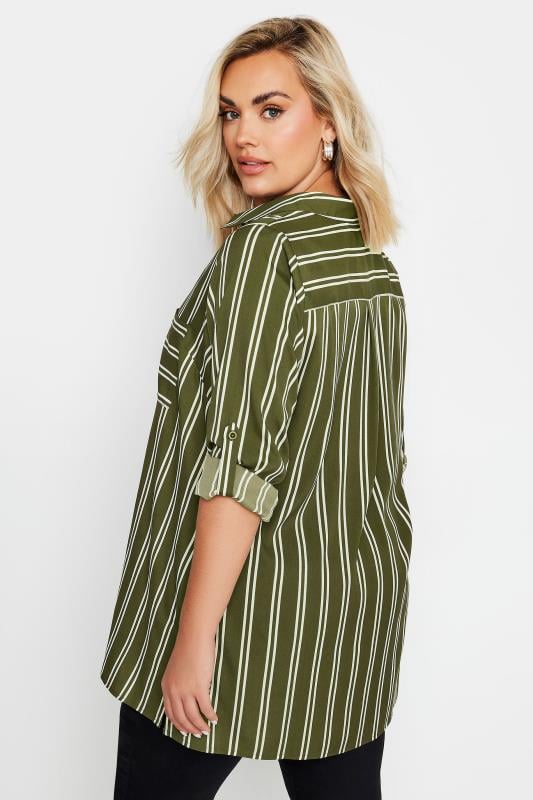 YOURS Plus Size Khaki Green Stripe Print Boyfriend Shirt | Yours Clothing  3