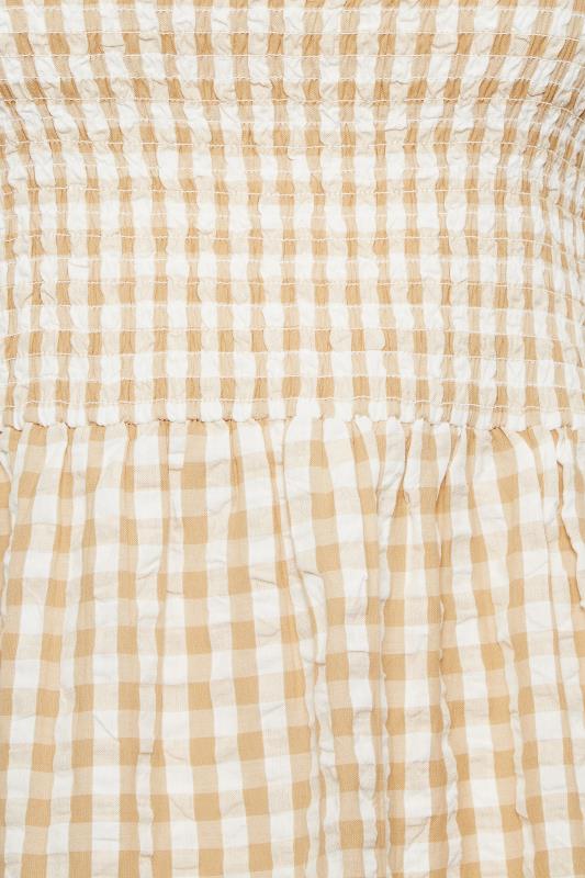 YOURS Curve Natural Brown Gingham Print Square Neck Shirred Top | Yours Clothing 5