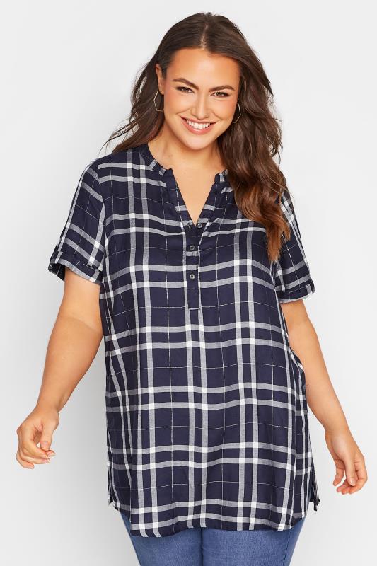 Plus Size Navy Blue Check Short Sleeve Shirt | Yours Clothing 1