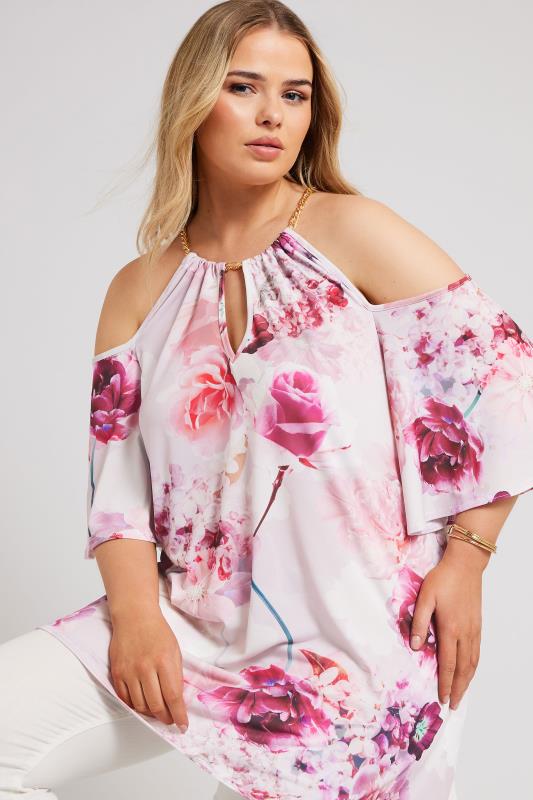 YOURS LONDON Plus Size Pink Floral Print Chain Cold Shoulder Top | Yours Clothing 1