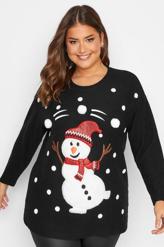  Grande Taille YOURS LUXURY Curve Black Snowman Christmas Soft Touch Top