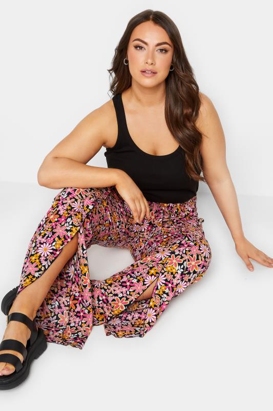 YOURS Plus Size Pink Floral Print Frill Wide Leg Trousers | Yours Clothing 3