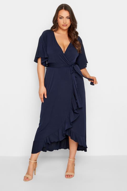 YOURS LONDON Curve Plus Size Navy Blue Short Sleeve Ruffle Wrap Maxi Dress | Yours Clothing  2