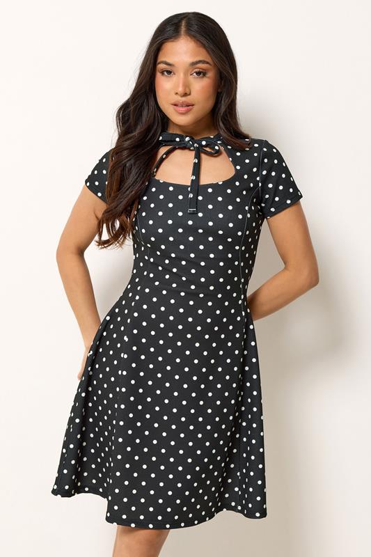 PixieGirl Petite Women's Black Polka Dot Tie Detail Mini Dress | PixieGirl 2
