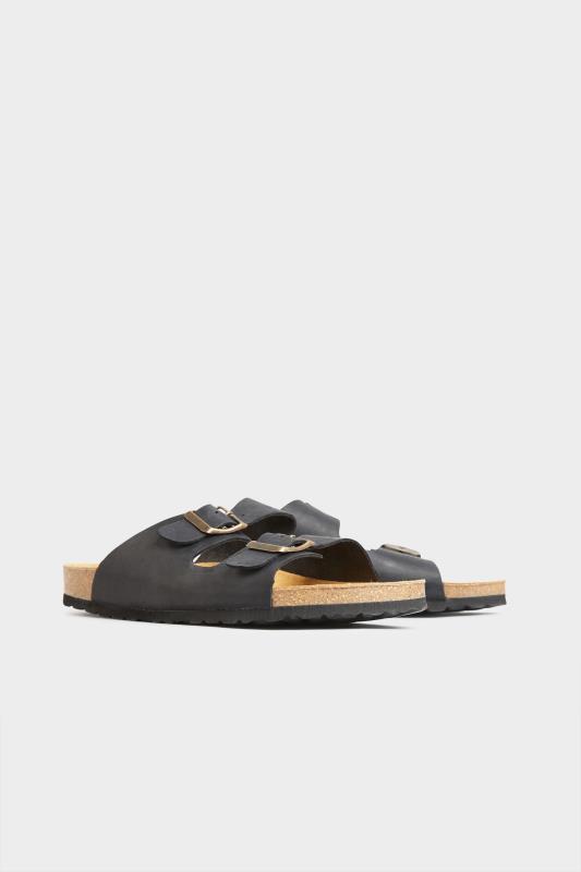Tall  Black Leather Two Buckle Footbed Sandals