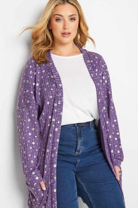 Plus Size Purple Foil Floral Print Cardigan | Yours Clothing 4