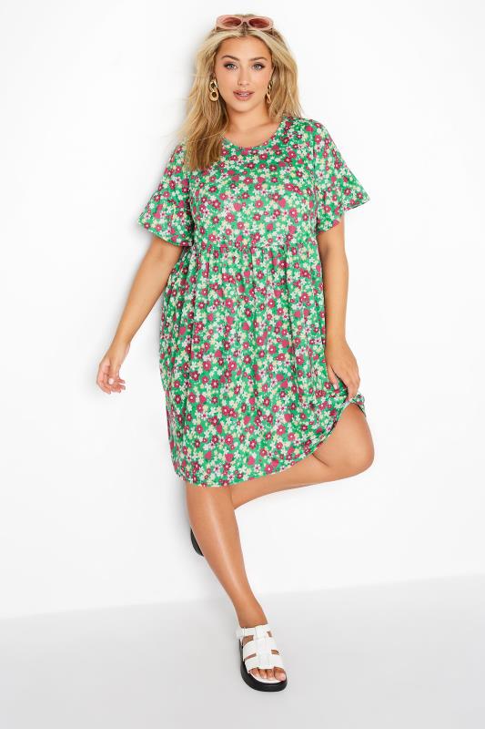 Plus Size  Curve Green Floral Smock Tunic Dress