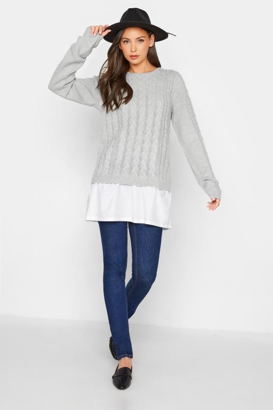 LTS Tall Grey 2 In 1 Cable Knit Shirt Jumper_B.jpg