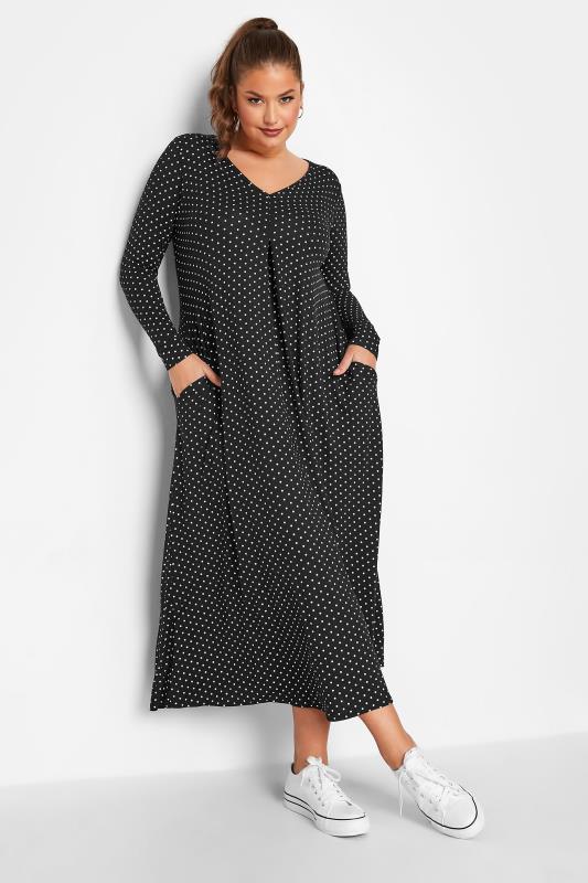 LIMITED COLLECTION Plus Size Black Polka Dot Pleat Front Dress | Yours Clothing 2