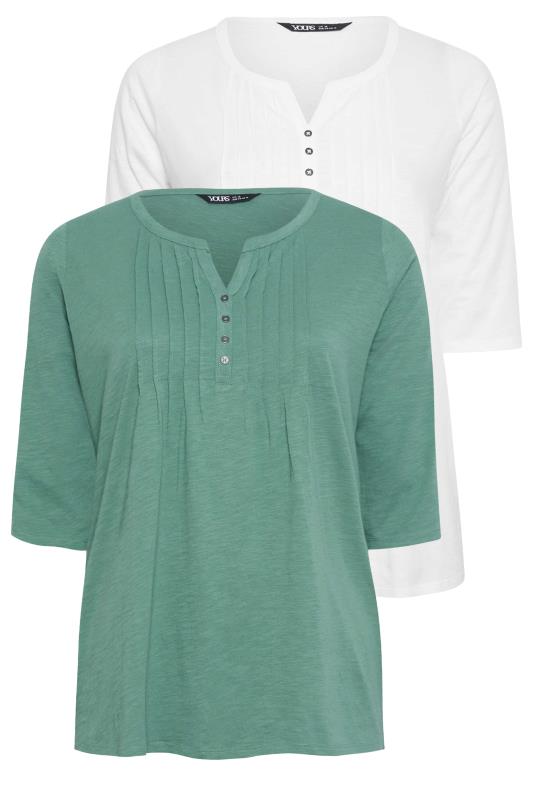 YOURS 2 PACK Plus Size Green & White Pintuck Henley T-Shirts | Yours Clothing 9