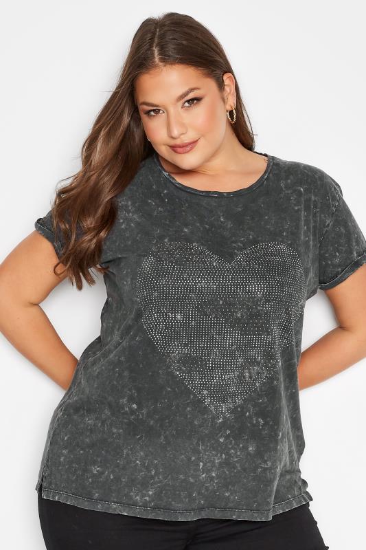 Plus Size Grey Acid Wash Embellished Heart T-Shirt | Yours Clothing 4