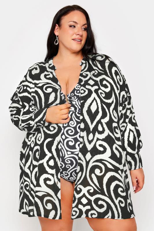 YOURS Plus Size Black Abstract Print Crinkle Beach Shirt | Yours Clothing 1