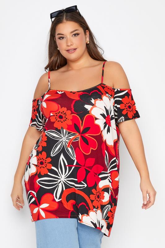 Plus Size Red Tropical Print Cold Shoulder Top | Yours Clothing  1