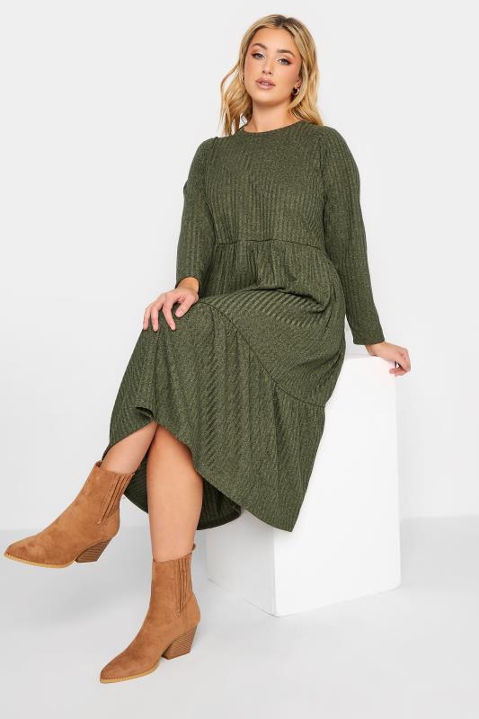 YOURS Plus Size Green Ribbed Midi Dress | Yours Clothing 2