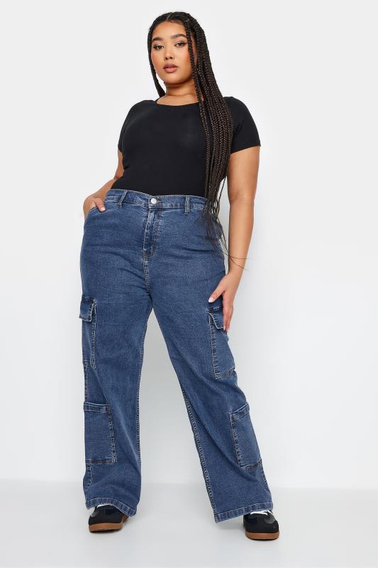 LIMITED COLLECTION Plus Size Blue Mid Wash Wide Leg Cargo Jeans | Yours Clothing 2