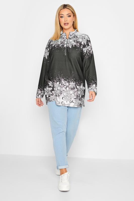 Plus Size Black Snowflake Soft Touch Zip Front Top | Yours Clothing 2