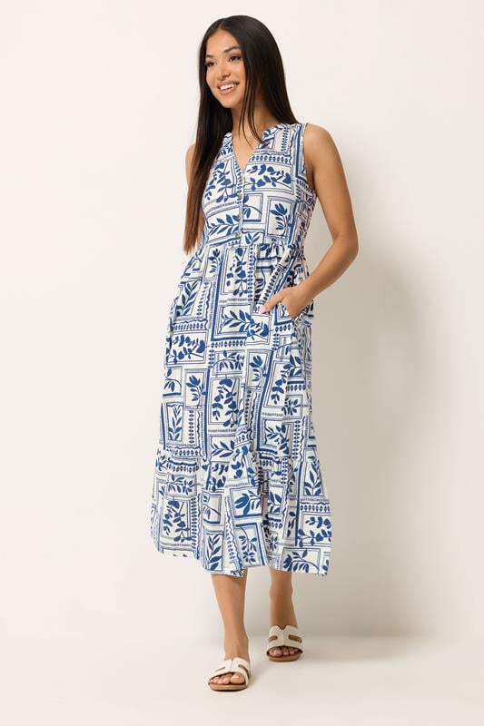 M&Co Petite Blue Leaf Print Sleeveless Cotton Midi Dress | M&Co 1