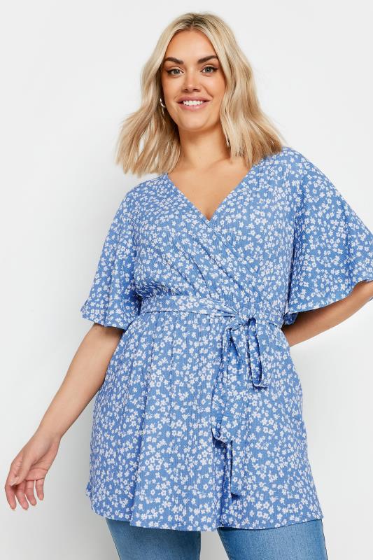 YOURS Plus Size Blue Floral Print Textured Wrap Top | Yours Clothing 1