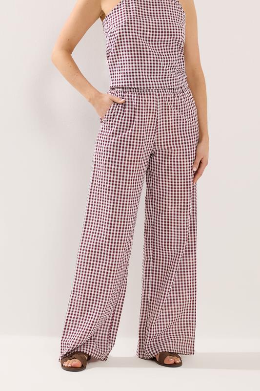 LTS Tall Women's Burgundy Red Gingham Cotton Wide Leg Trousers | Long Tall Sally 1