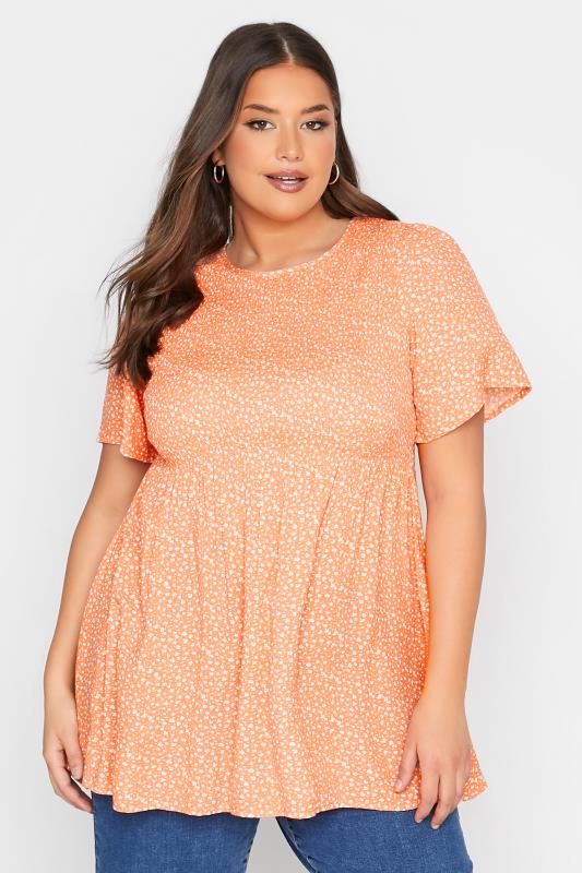 Plus Size Orange Ditsy Floral Shirred Top | Yours Clothing 1