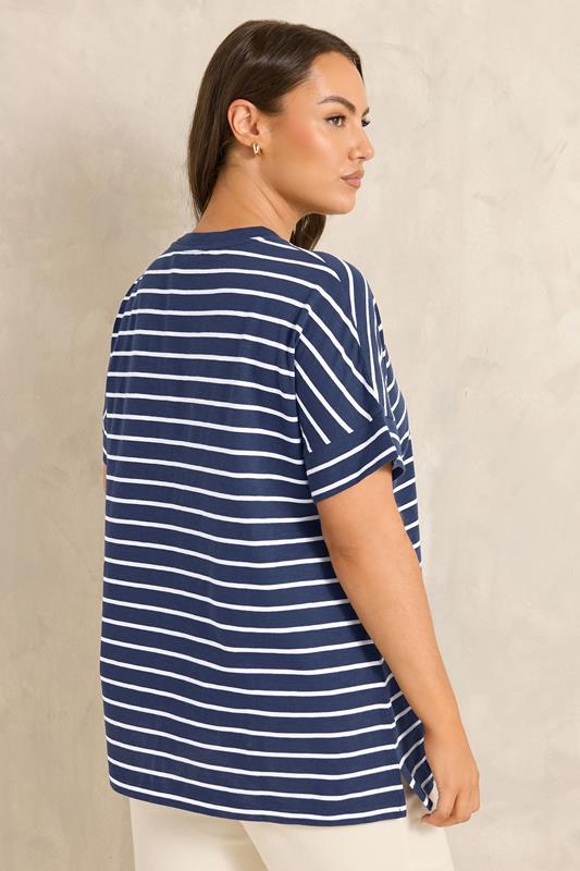 EVANS Plus Size Navy Blue Stripe Cotton T-Shirt | Evans 2