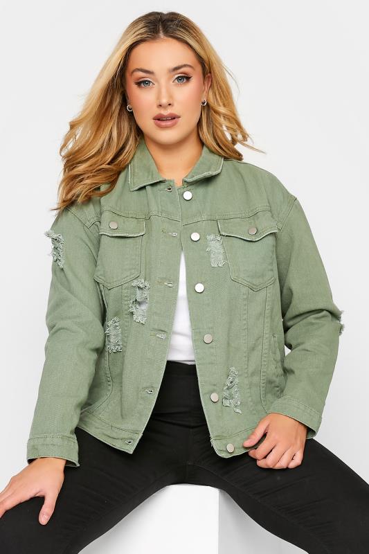 Plus Size Khaki Green Distressed Western Denim Jacket | Yours Clothing 1