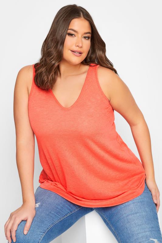 YOURS Plus Size Coral Pink Linen Look Vest Top | Yours Clothing  1