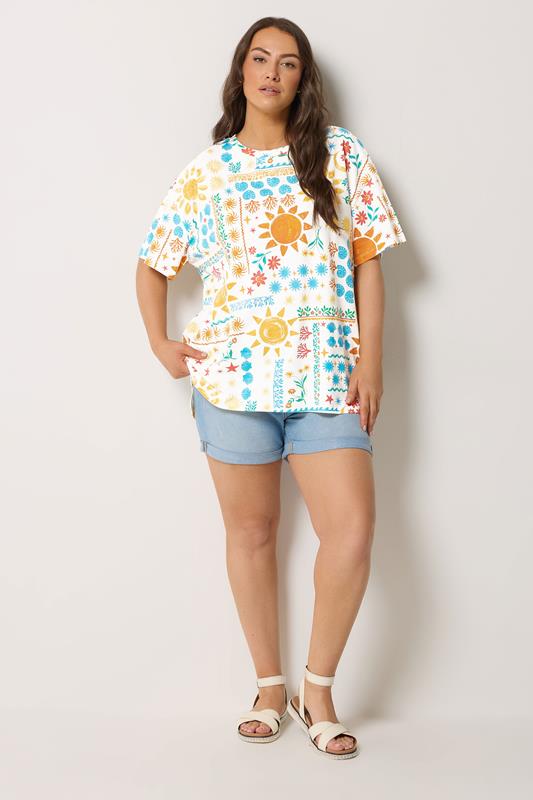 YOURS Plus Size Ivory White Patchwork Boxy T-Shirt | Yours Clothing 1