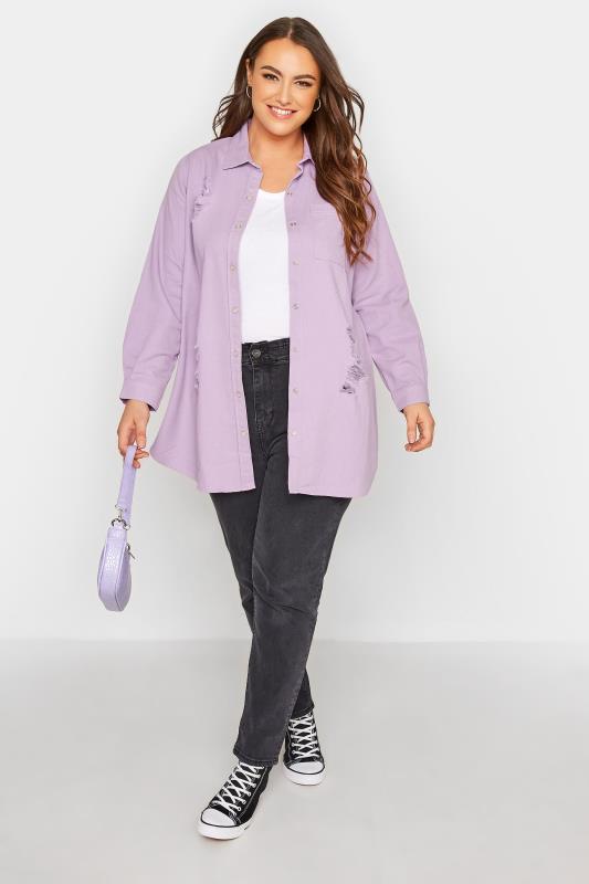 Plus Size Lilac Purple Distressed Denim Shirt | Yours Clothing  2