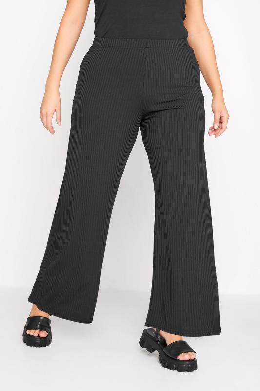 Plus Size Black Ribbed Wide Leg Trousers | Yours Clothing 1
