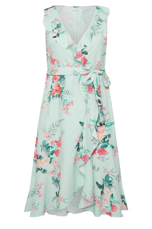 YOURS LONDON Plus Size Green Floral Print Double Ruffle Wrap Dress | Yours Clothing 6