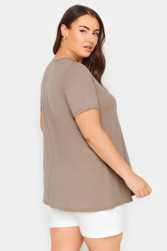 YOURS Plus Size Mocha Brown Button Front Ribbed Swing Top | Yours Clothing 3