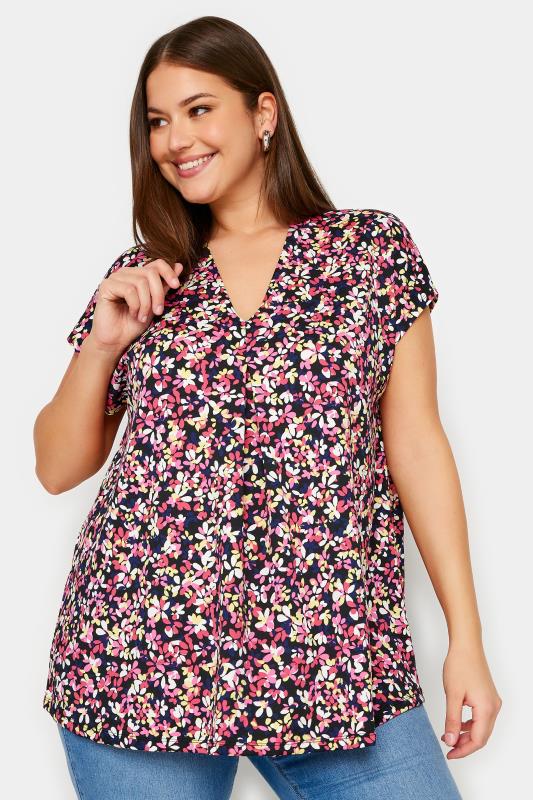 YOURS Plus Size Pink Floral Print Pleat Front Blouse | Yours Clothing 1