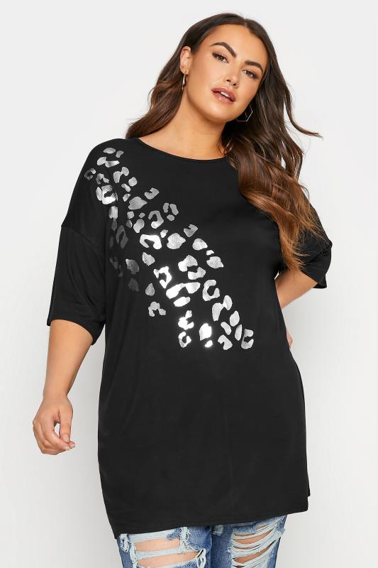 Plus Size LIMITED COLLECTION Black Foil Leopard Print Oversized T-Shirt | Yours Clothing  1