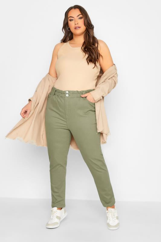 Plus Size Khaki Green Stretch Elasticated Waist MOM Jeans | Yours Clothing 2