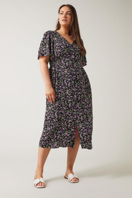 EVANS Plus Size Black & Purple Floral Print Midi Dress | Evans 1