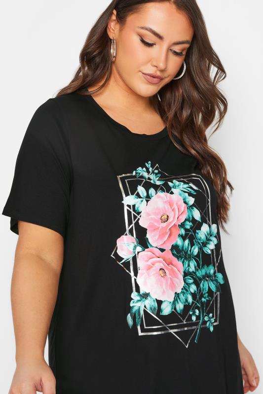 YOURS Curve Plus Size Black Floral Foil Print T-Shirt | Yours Clothing  4