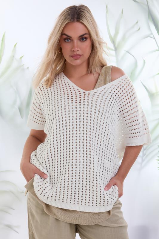 Plus Size  YOURS Curve White Crochet Short Sleeve Top
