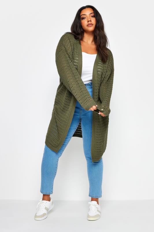YOURS Plus Size Khaki Green Crochet Cardigan | Yours Clothing 2